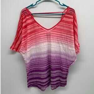 Maurices Womens XXL Top Pink Purple White Sheer Striped V-Neck Stretch Coverup